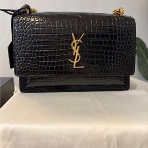 Yves Saint Laurent Sunset Black Croc-Embossed Shoulder Bag